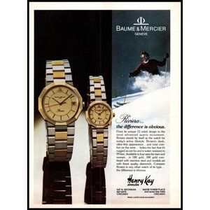 1985 Baume and Mercier Riviera Watch Vintage Print Ad Skiing Ski Wall Art Decor